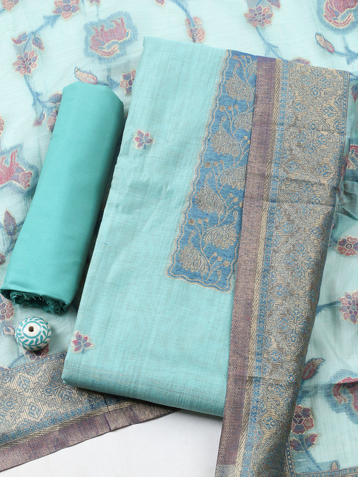 Woven Design Chanderi Unstitched Suit With Pant Dupatta