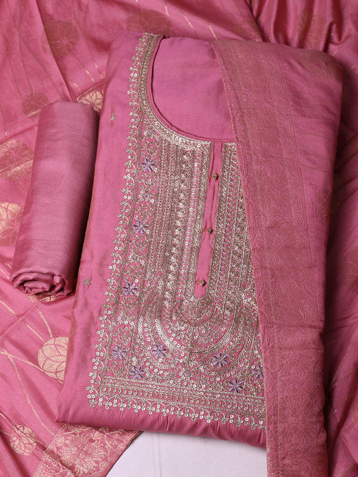 Embroidered Chanderi Unstitched Suit With Pant &amp; Dupatta