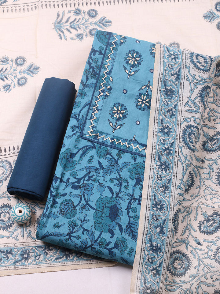 Printed Cotton Blend Unstitched Suit With Pant &amp; Dupatta