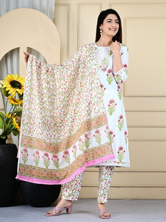 Printed Cotton Blend Kurta With Pants & Dupatta