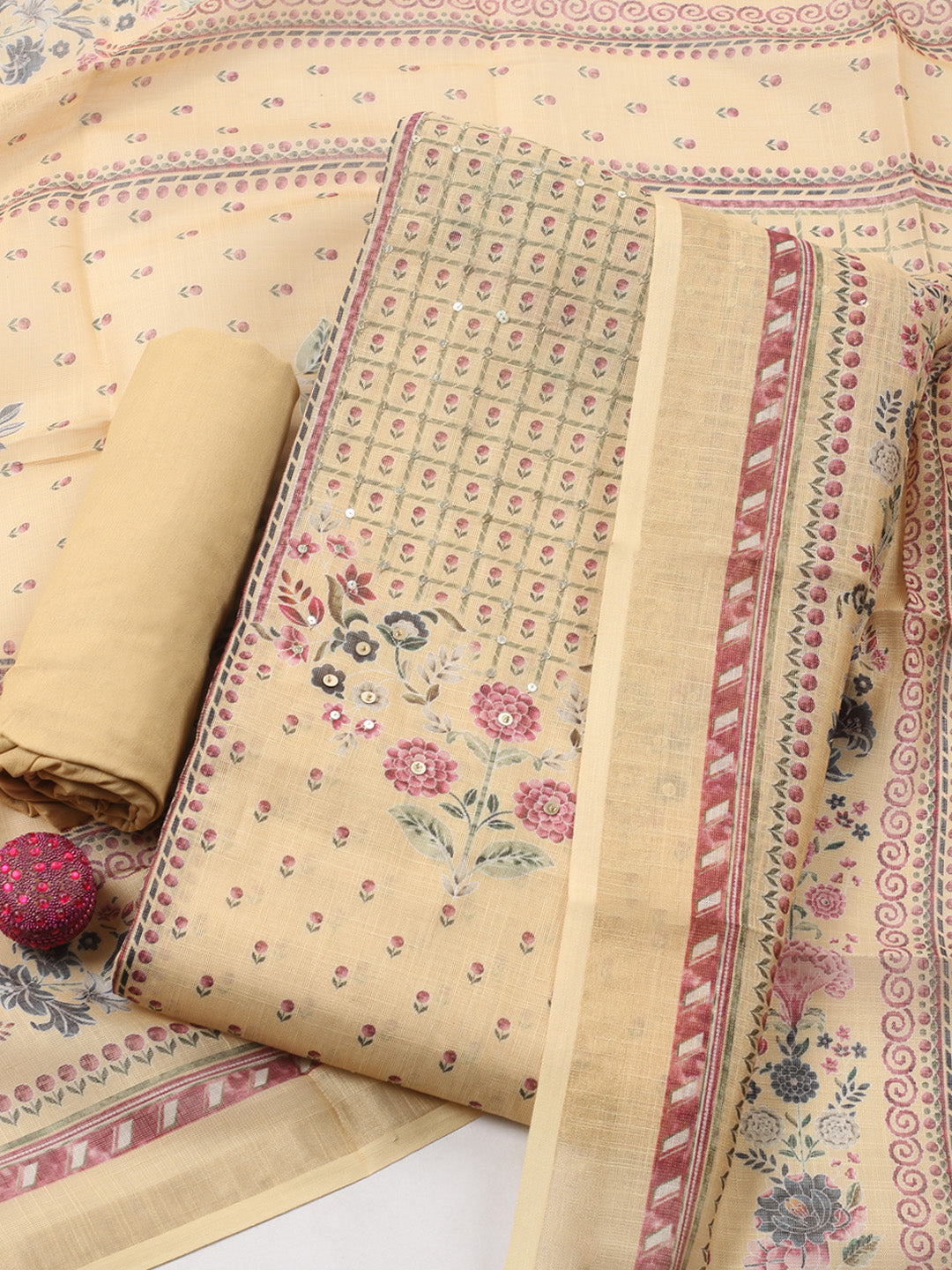 Printed Linen Blend Unstitched Suit With Pant &amp; Dupatta