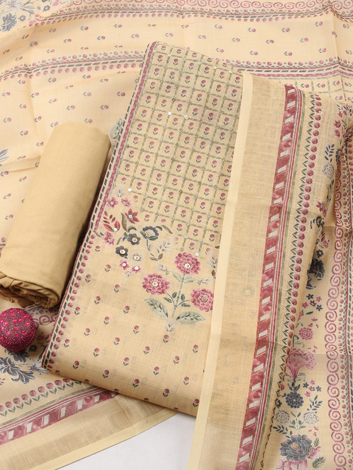 Printed Linen Blend Unstitched Suit With Pant &amp; Dupatta