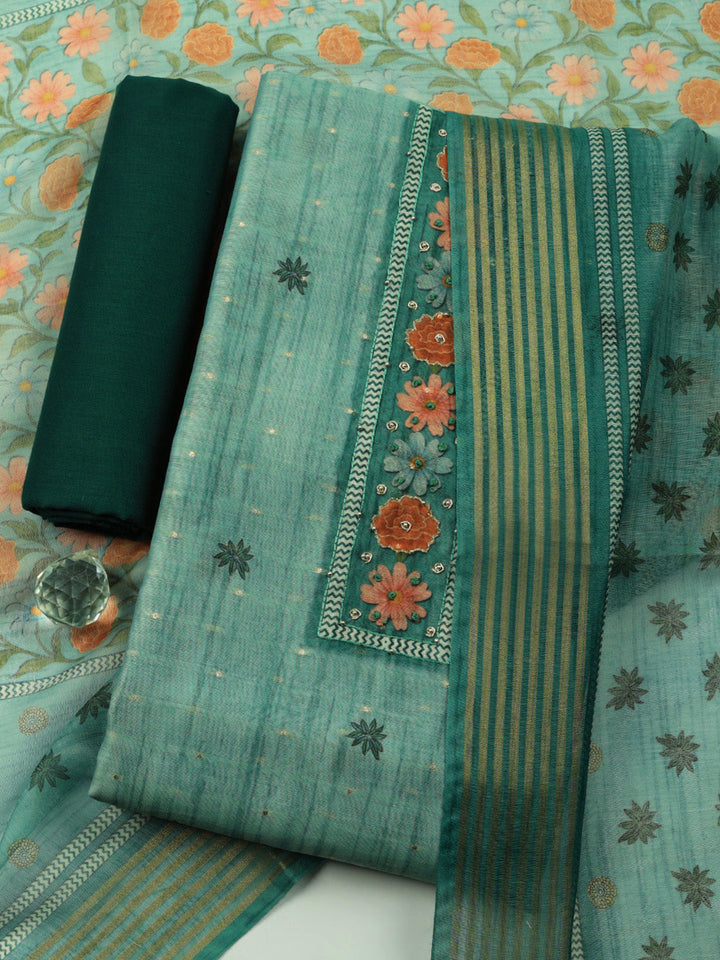 Embroidered Cotton Blend Unstitched Suit With Pant &amp; Dupatta