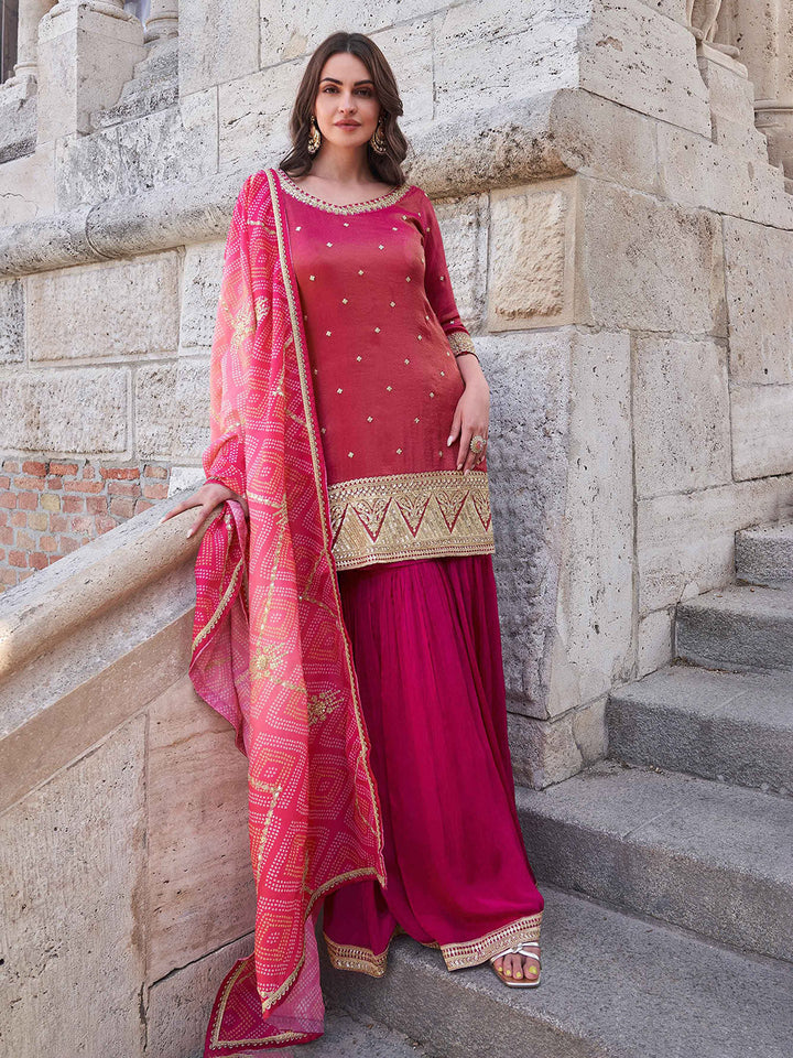 Embroidered Shimmer Kurti With Plazzo &amp; Dupatta