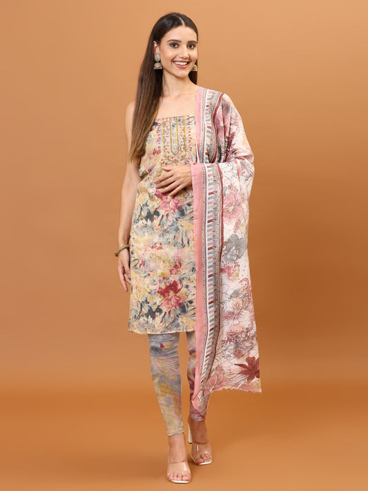 Printed Cotton Unstitched Suit Piece With Dupatta