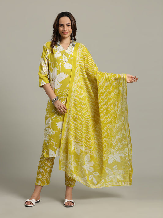 Floral Printed Cotton Blend Kurta With Pants & Dupatta