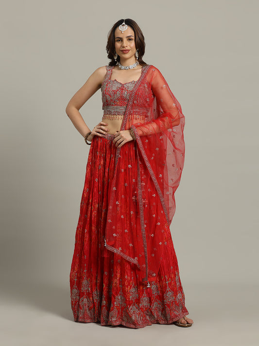 Embroidered Crepe Choli With Lehenga & Dupatta