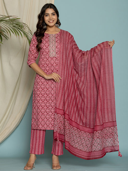 Printed Cotton Blend Kurta With Pants & Dupatta