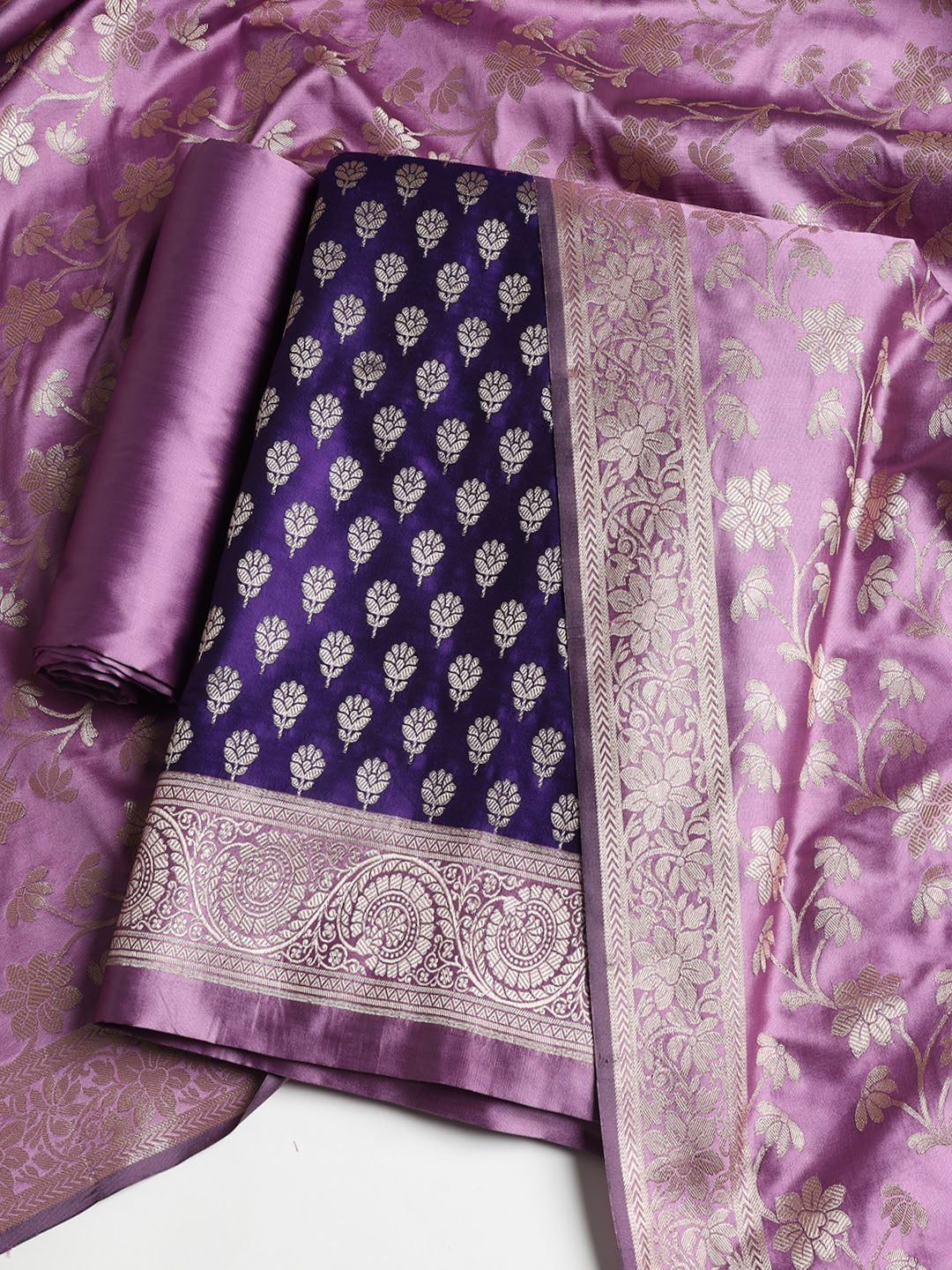 Woven Banarasi Chanderi Unstitched Suit With Dupatta