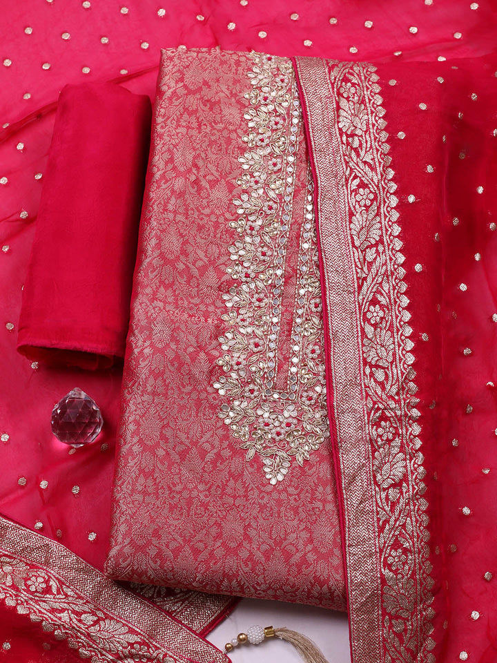 Embroidered Chanderi Unstitched Suit With Pant &amp; Dupatta
