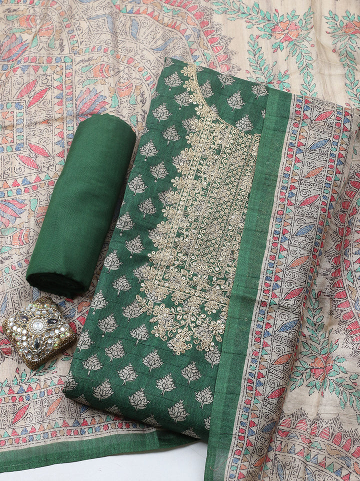 Embroidered Cotton Blend Unstitched Suit With Pant &amp; Dupatta
