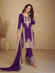 Embroidered Chinon Kurta With Pant & Dupatta