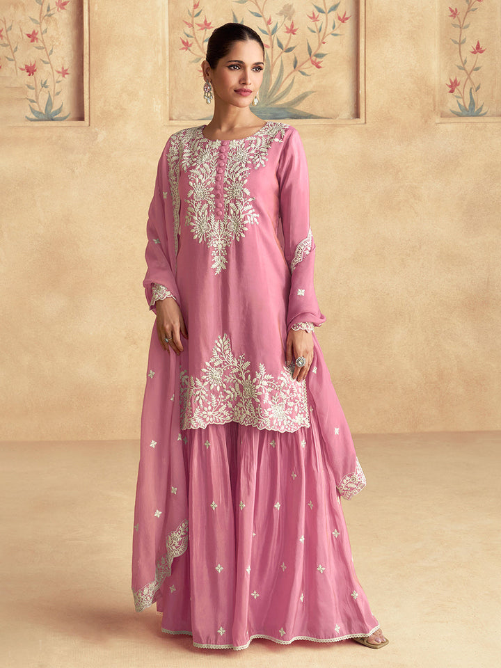 Embroidered Shimmer Silk Kurta With Plazzo &amp; Dupatta