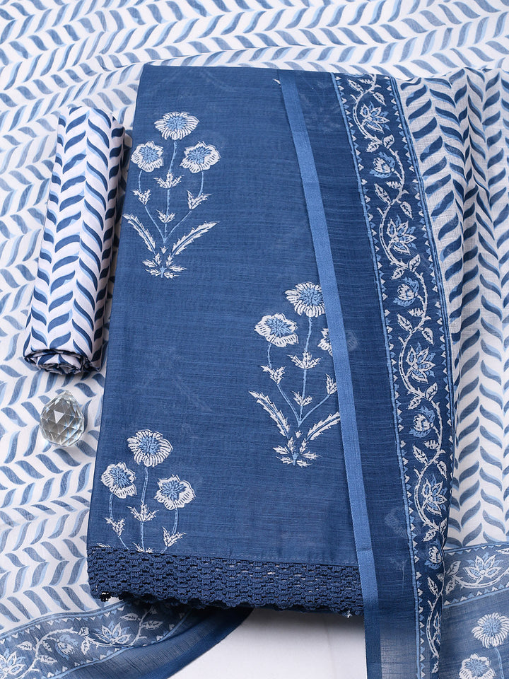 Printed Cotton Blend Unstitched Suit With Pant &amp; Dupatta