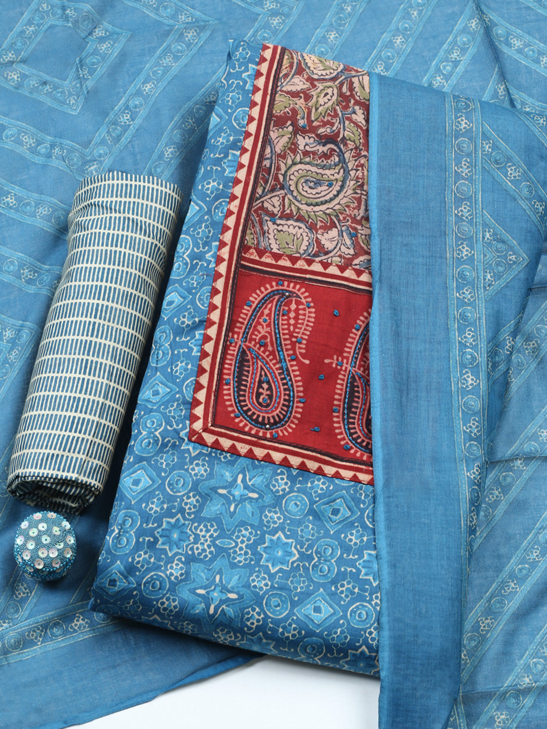 Printed Cotton Blend Unstitched Suit With Pant &amp; Dupatta