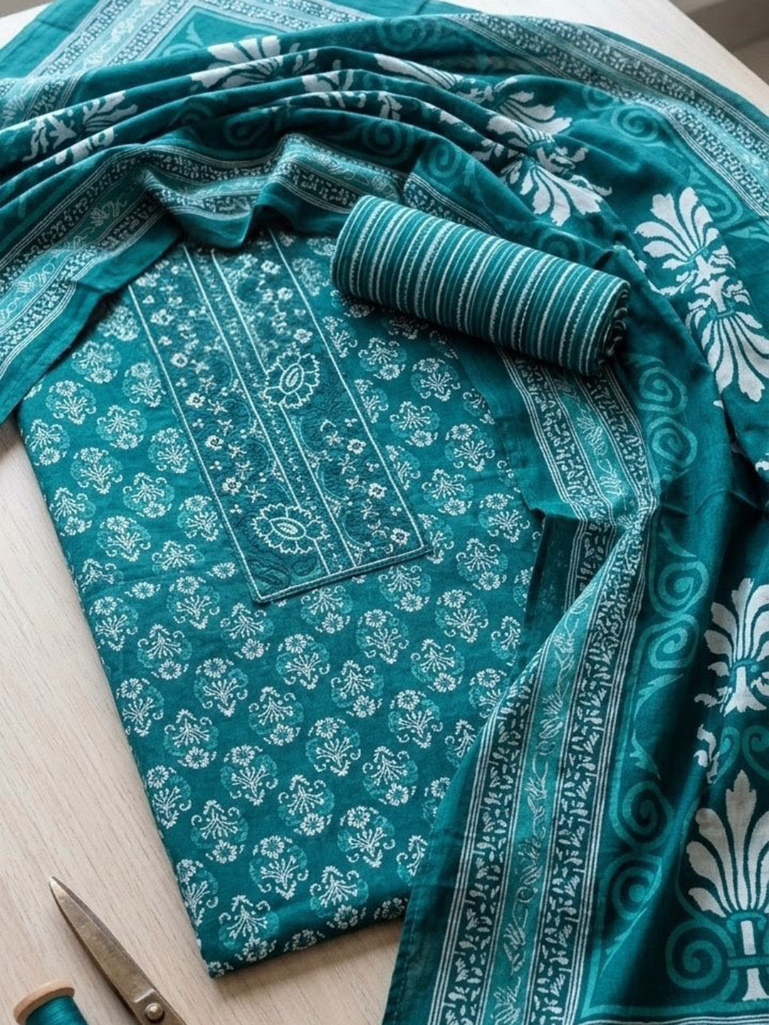 Embroidered Cotton Blend Unstitched Suit With Pant &amp; Dupatta