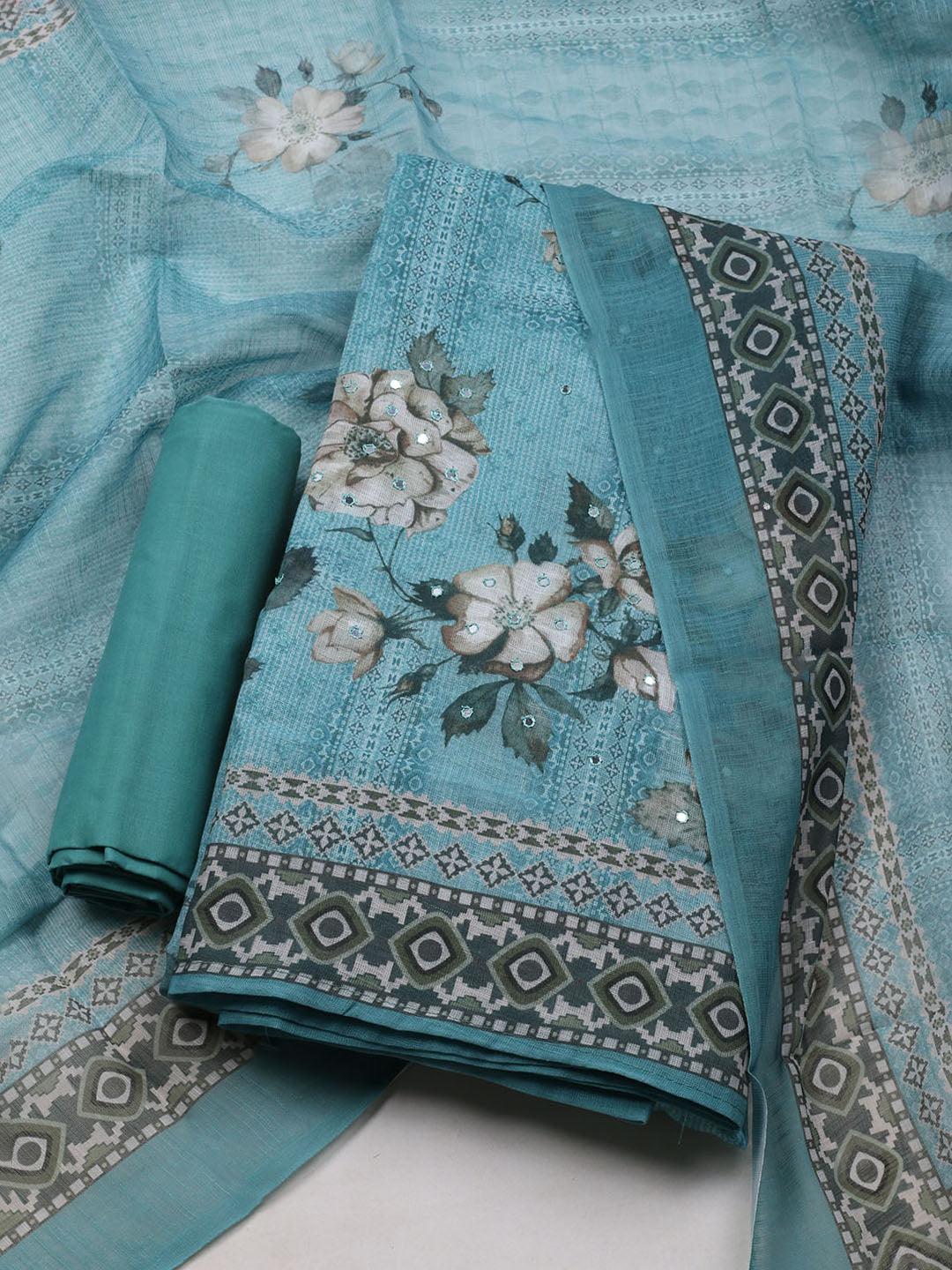 Floral Printed Linen Unstitched Suit With Dupatta