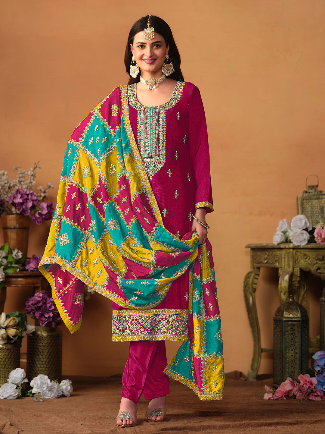 Embroidered Chinnon Silk Semi Stitched Kurta With Pant &amp; Dupatta