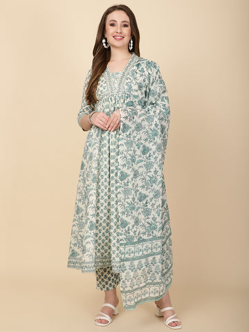 Floral Printed Cotton Kurta With Pants & Dupatta