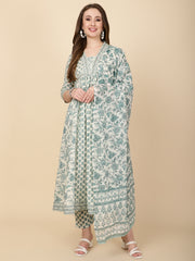 Floral Printed Cotton Kurta With Pants & Dupatta