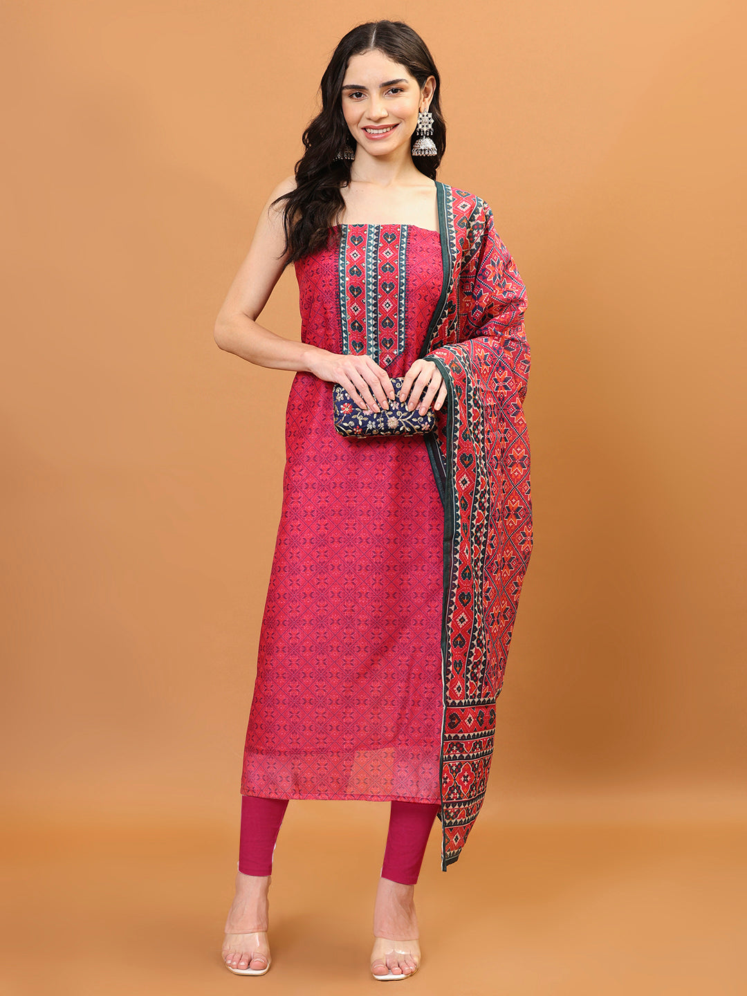 Printed Chanderi Unstitched Suit Piece With Dupatta