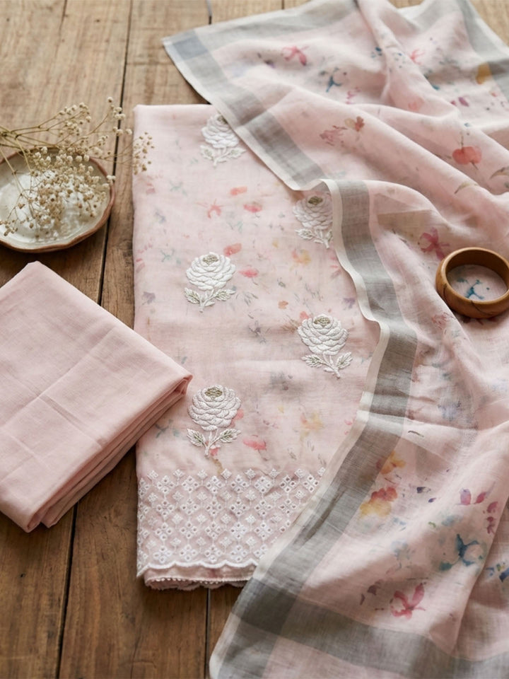 Embroidered Cotton Blend Unstitched Suit With Pant &amp; Dupatta