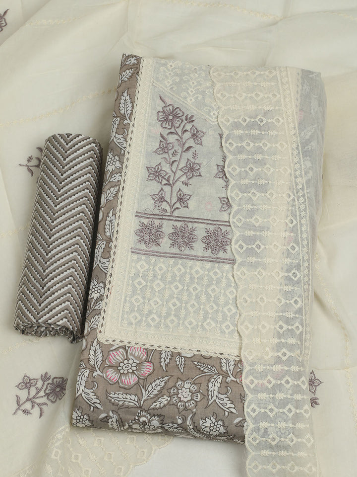 Printed Cotton Unstitched Suit With Pant &amp; Dupatta