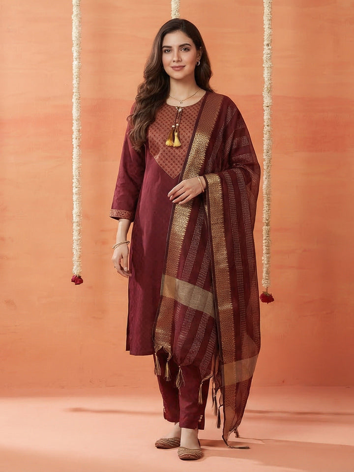 Printed Cotton Blend Kurta With Pant &amp; Dupatta