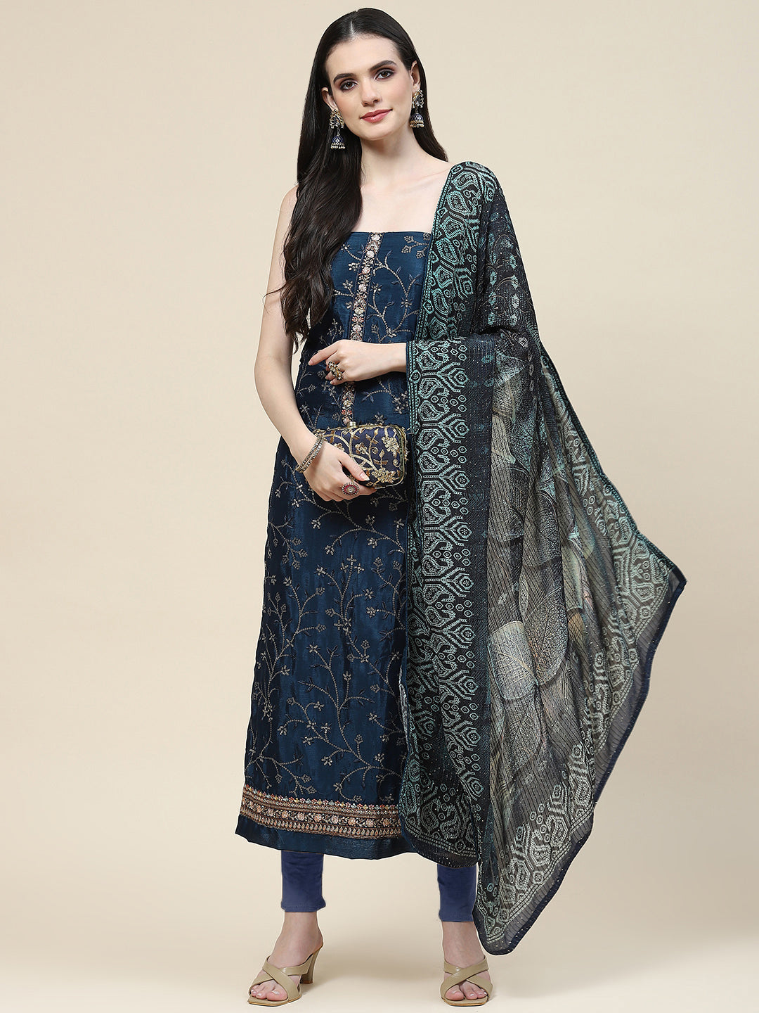 Embroidered Crepe Unstitched Suit Piece With Dupatta