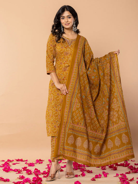 Paisley Printed Cotton Blend Kurta With Pants & Dupatta