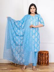 Embroidered Cotton Blend Kurta With Pant & Dupatta