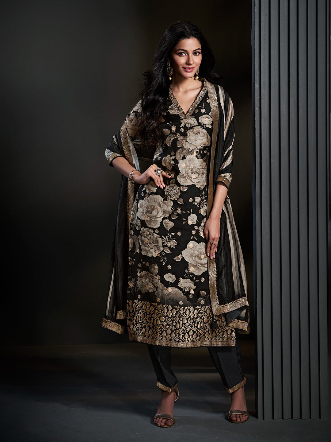 Black Printed Art Silk Kurta With Pant &amp; Dupatta
