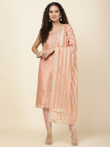 Neck Patti Chanderi Unstitched Suit With Dupatta