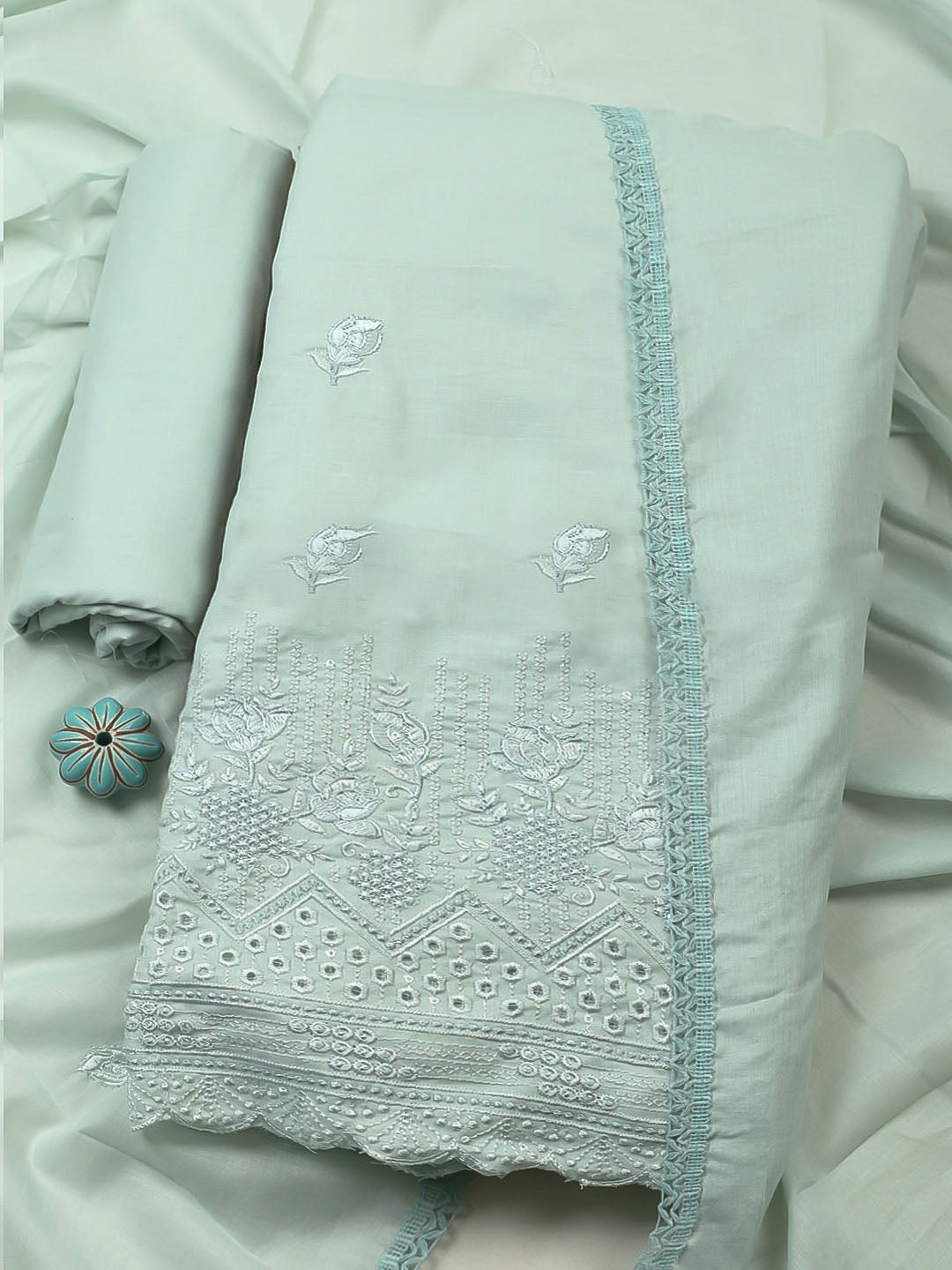 Embroidered Chanderi Unstitched Suit With Pant &amp; Dupatta
