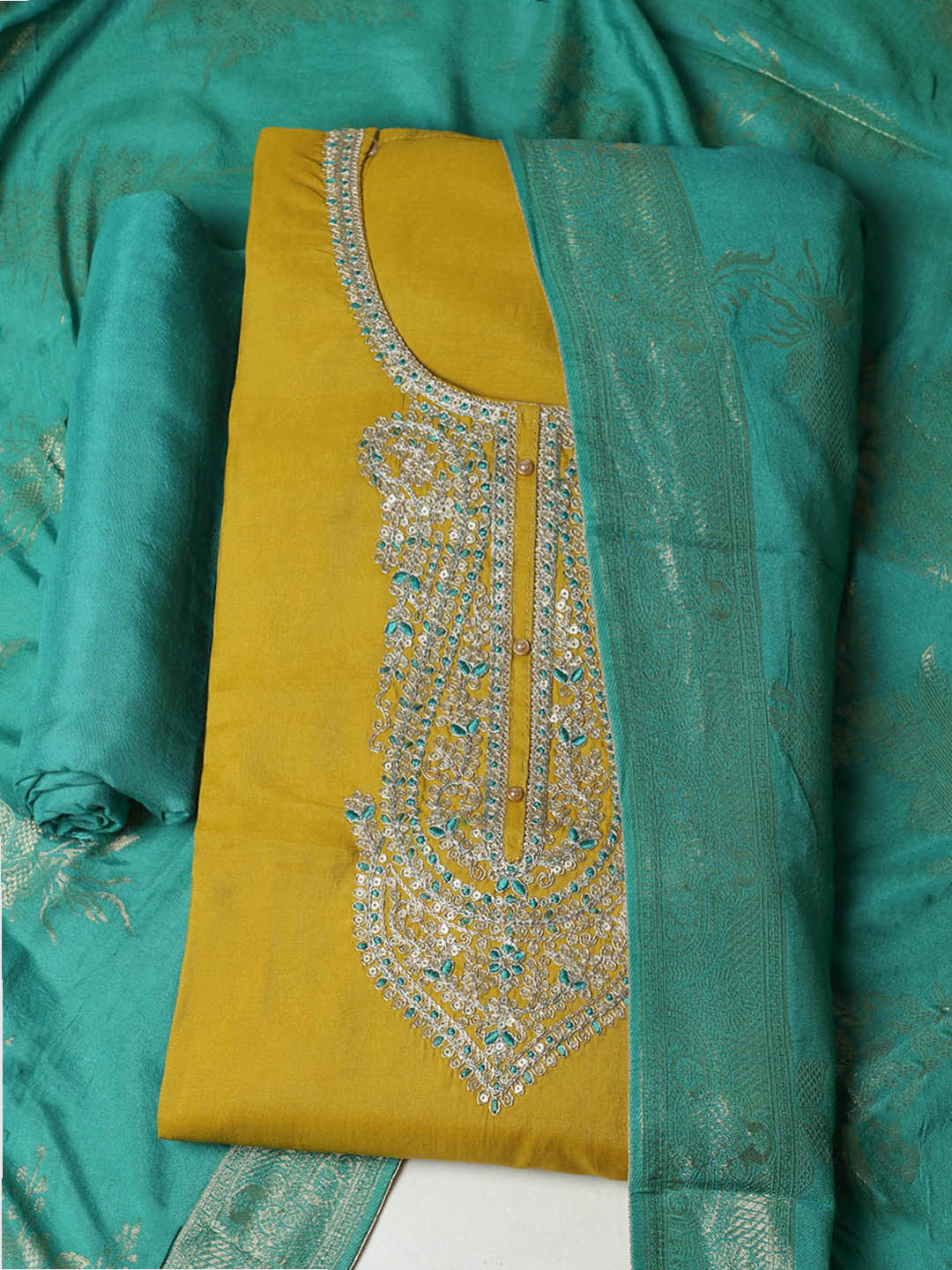 Embroidered Chanderi Unstitched Suit With Pant &amp; Dupatta