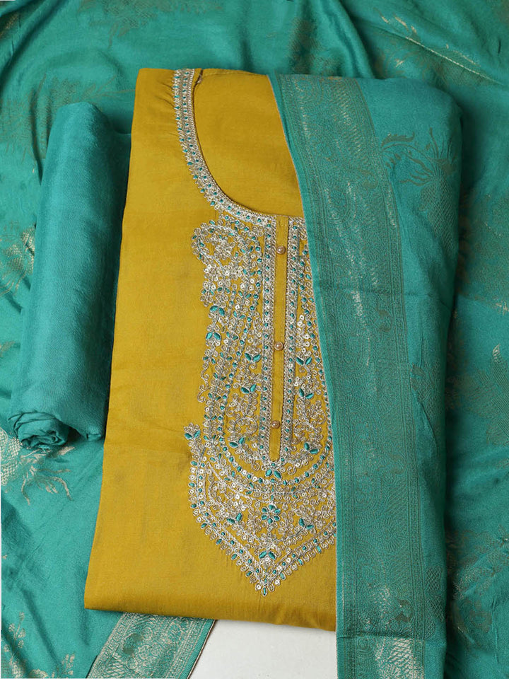 Embroidered Chanderi Unstitched Suit With Pant &amp; Dupatta