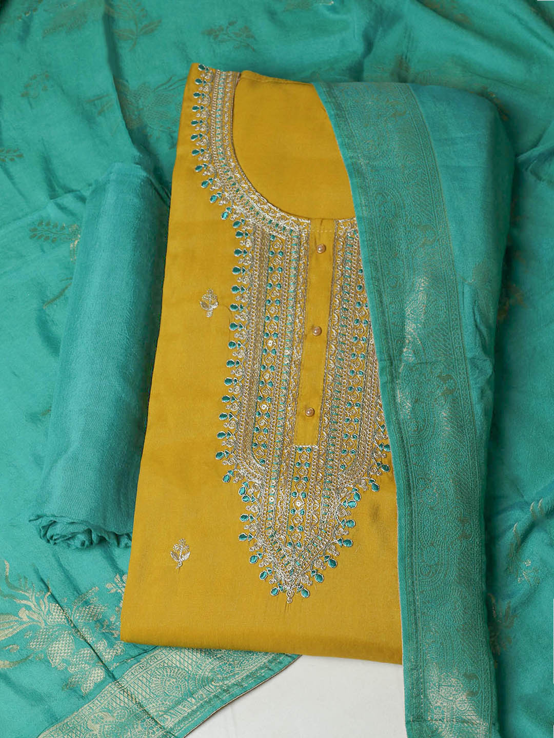 Embroidered Chanderi Unstitched Suit With Pant &amp; Dupatta