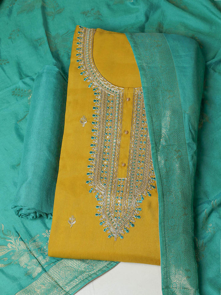 Embroidered Chanderi Unstitched Suit With Pant &amp; Dupatta