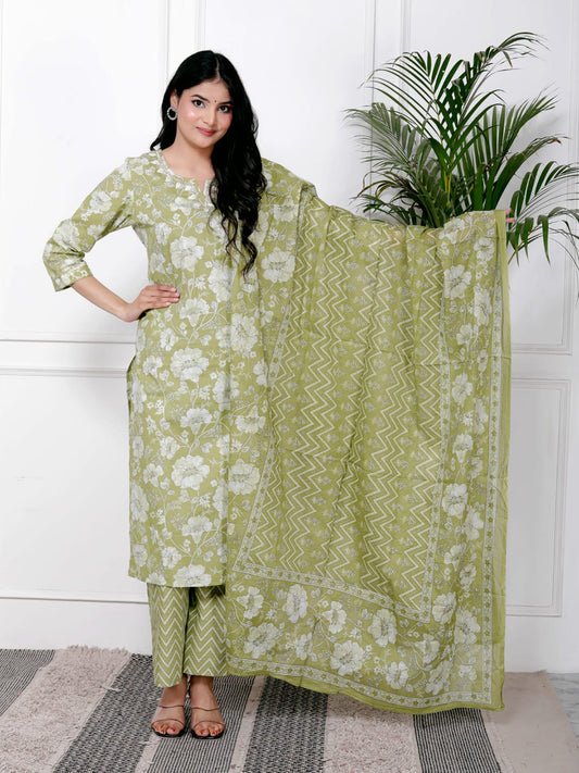 Printed Cotton Blend Kurta With Pants & Dupatta