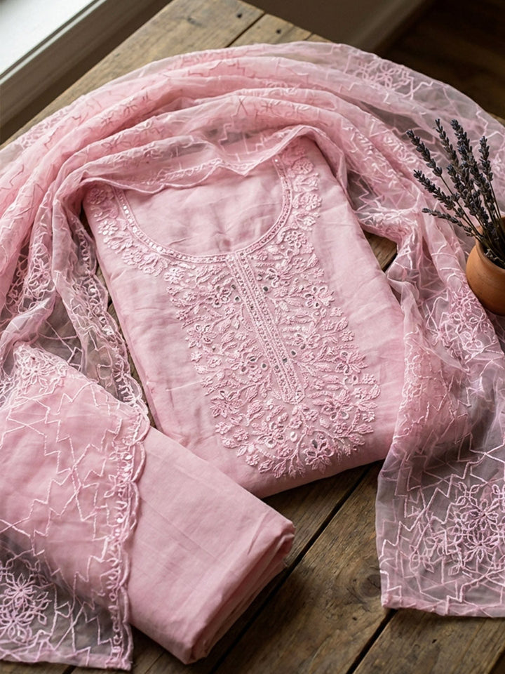 Embroidered Cotton Blend Unstitched Suit With Pant &amp; Dupatta