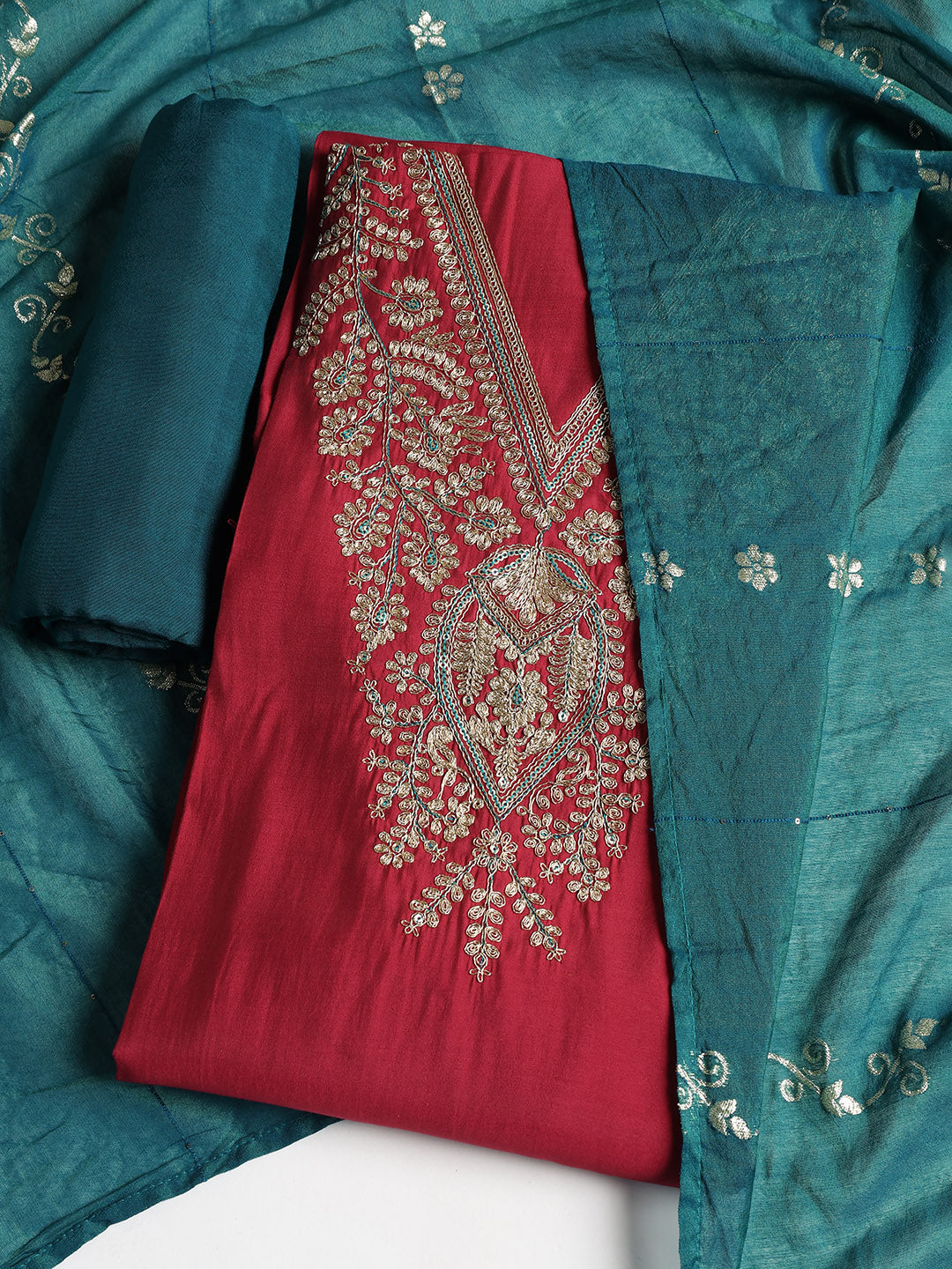 Neck Embroidered Cotton Blend Unstitched Suit With Dupatta