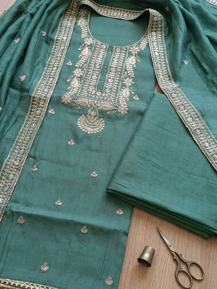 Embroidered Cotton Blend Unstitched Suit With Pant &amp; Dupatta