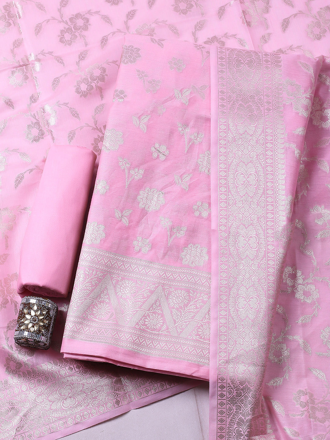 Woven Design Chanderi Unstitched Suit With Pant &amp; Dupatta