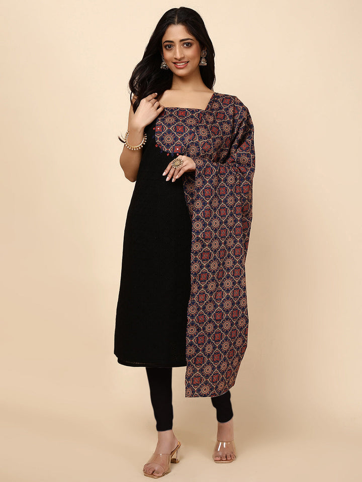Neck Patti Cotton Blend Unstitched Suit With Dupatt
