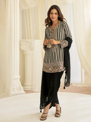 Embroidered Crepe Kurta With Skirt & Dupatta