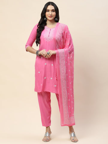 Neck Embroidery Cotton Kurta With Pants & Dupatta