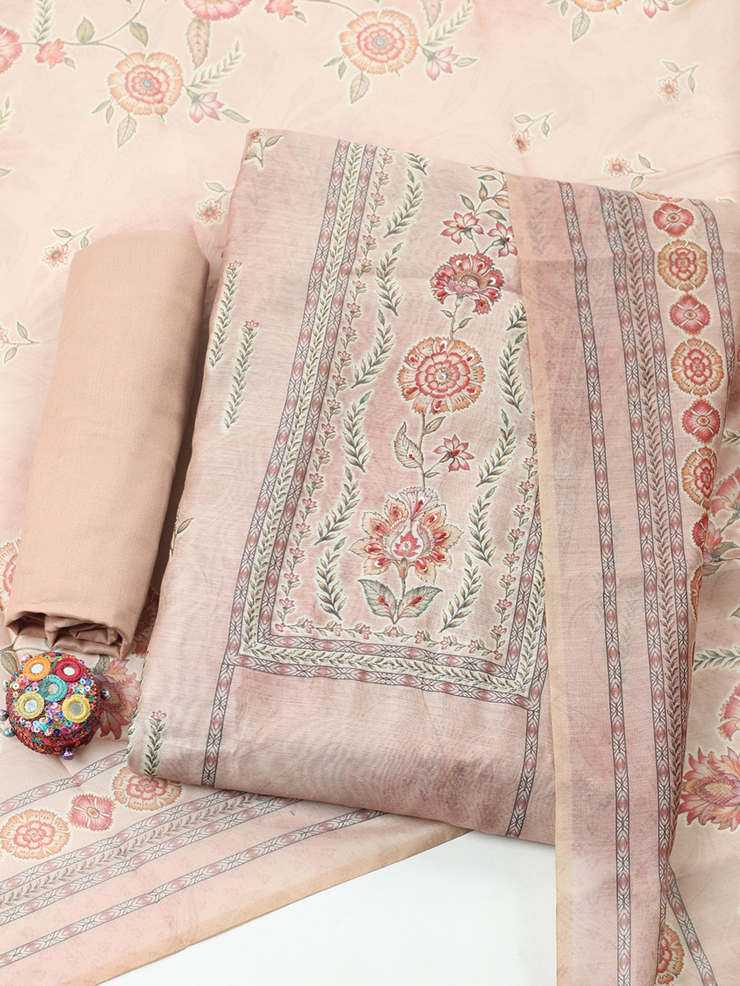 Embellished Chanderi Unstitched Suit With Pant &amp; Dupatta