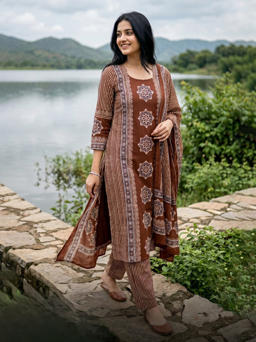 Brown Printed Cotton Blend Straight Round Neck Suit Set
