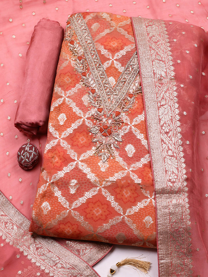 Embroidered Chanderi Unstitched Suit With Pant &amp; Dupatta