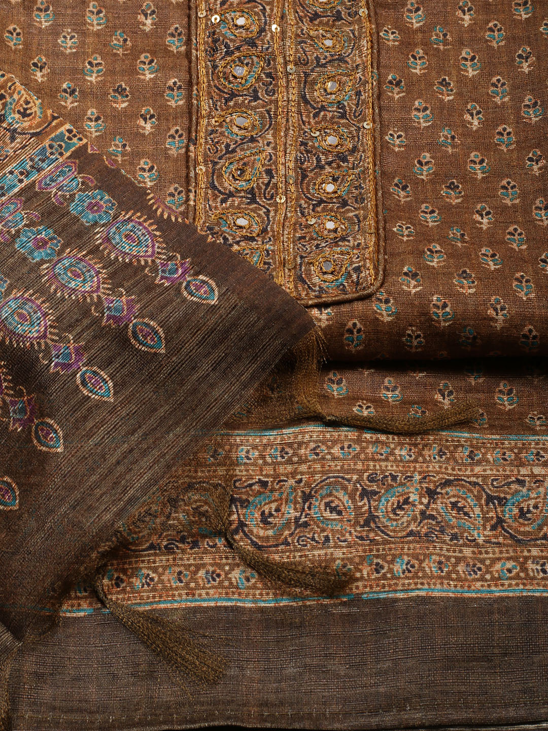 Neck Embroidered Chanderi Unstitched Suit With Dupatta